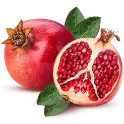 Ripe pomegranate fruit and one cut in half with leaf isolated on white background. Clipping Path. Full depth of field.